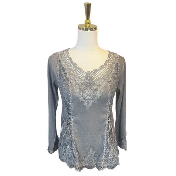 Pretty Angel Tops - Pretty Angel Lace-Up Crochet Trim Top Gray Boho Fairy Grunge Cottagecore Small